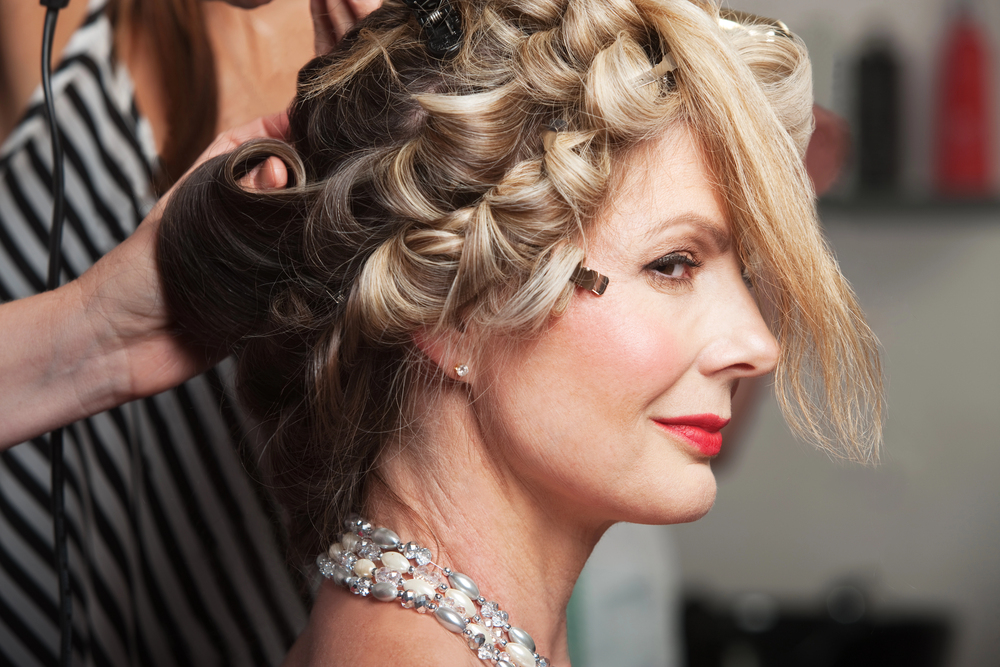 Mother of the bride getting elegant wedding hairstyle styling at Annas Salon Elite in Marlton NJ
